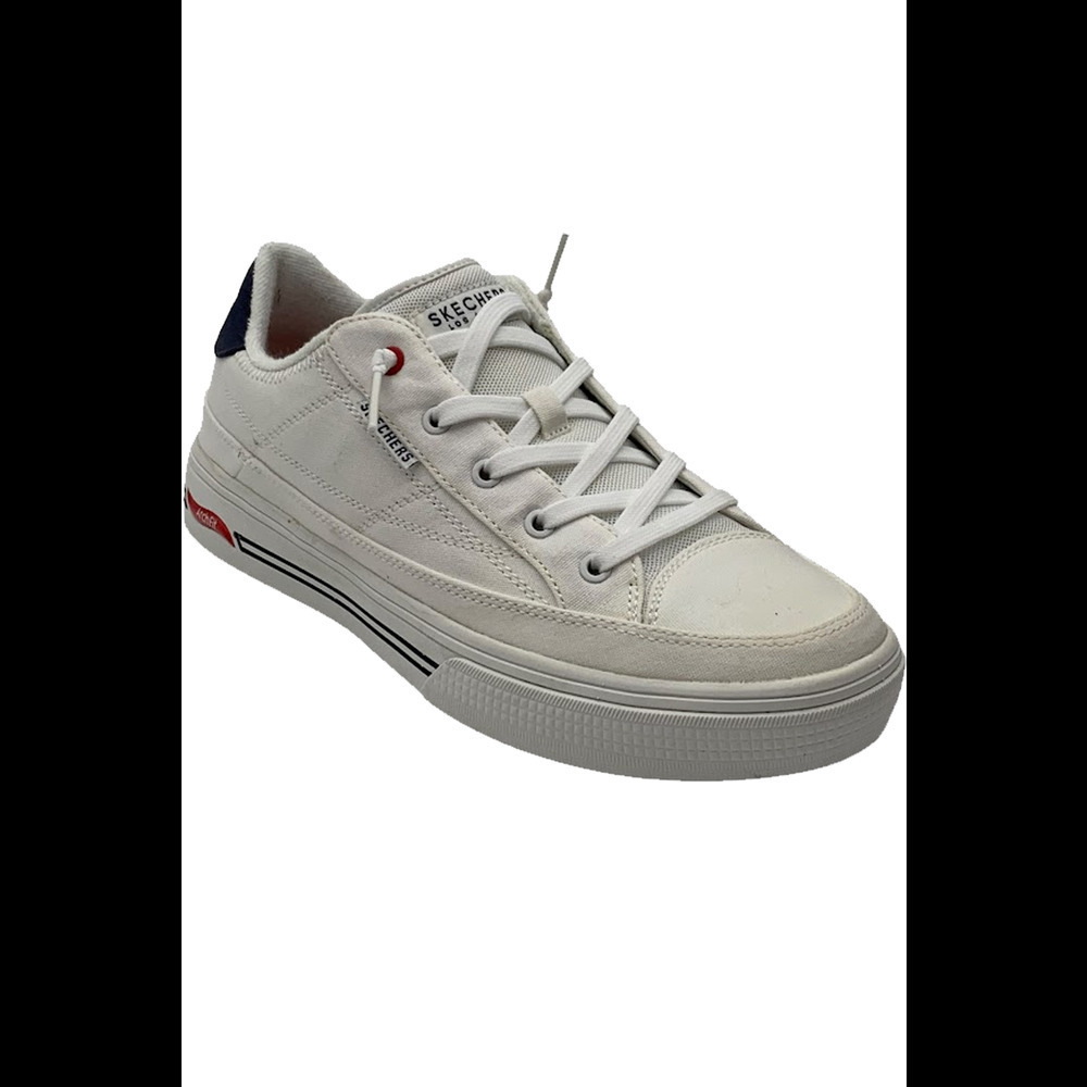 Skechers White Low-Top Sneakers with Navy Heel and Red Trim